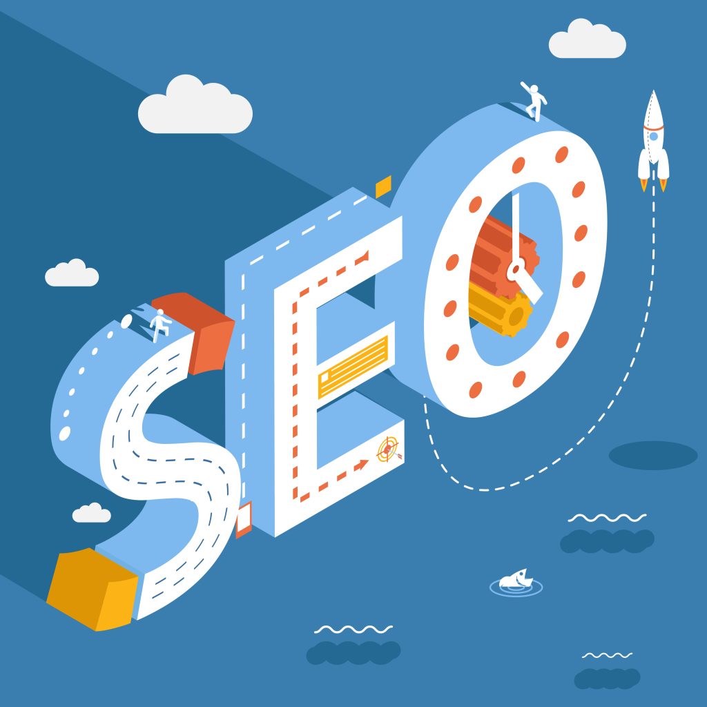 Isometric SEO, success internet searching optimization process illustration